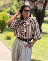 Bluza VINTAGE STRIPE – Prugasta s Mašnom i Balon Rukavima | Braon-Bež