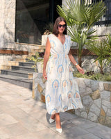 Midi Haljina SIENNA BOHO – V-izrez, Plavo-Bež Print | Krem
