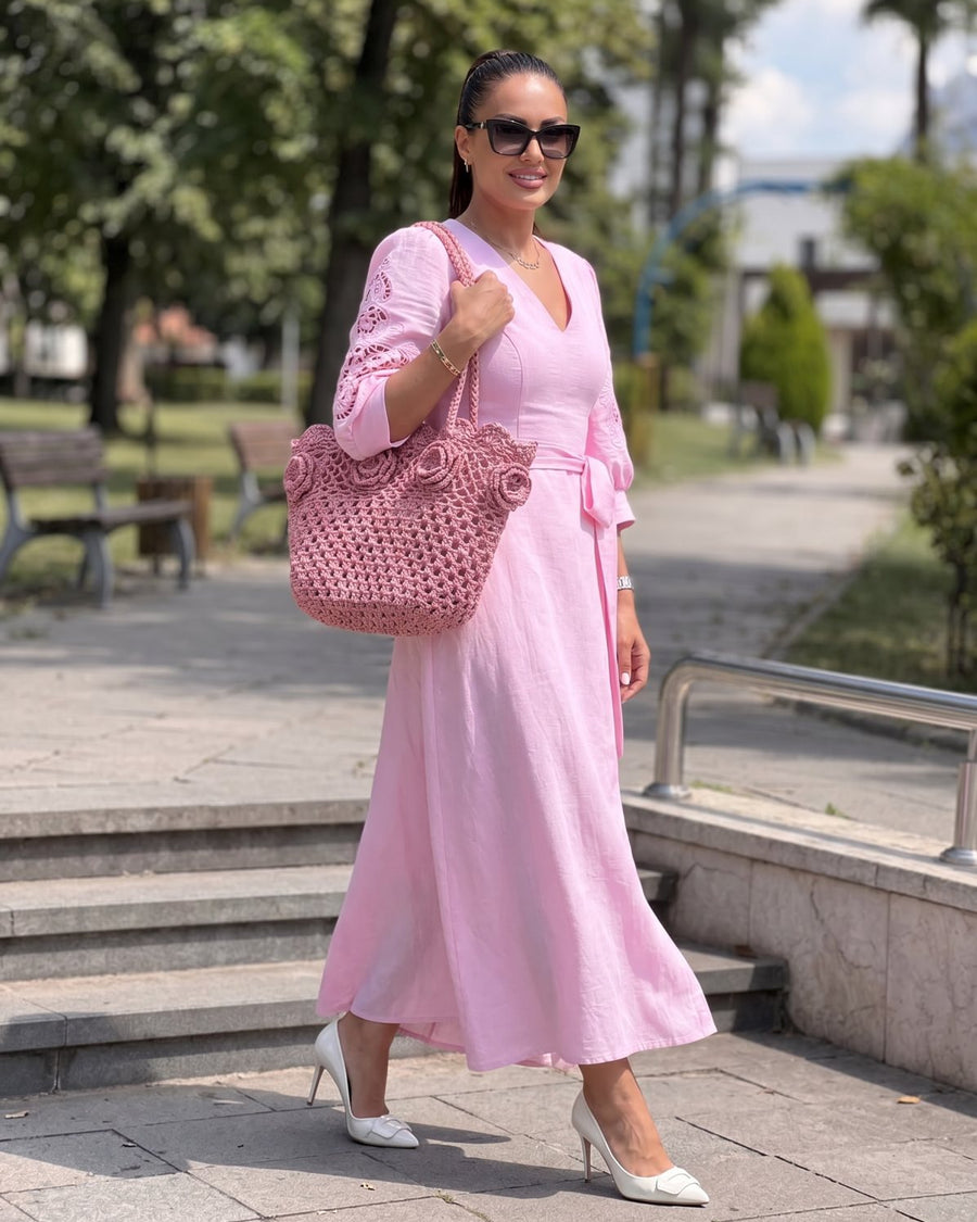 Lanena Midi Haljina ROSA LINO – Ažur Vez na Rukavima | Baby Roza