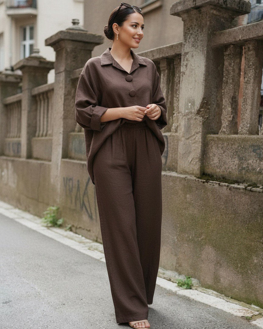 Komplet TERRACOTTA – Oversized Košulja i Široke Pantalone | Braon