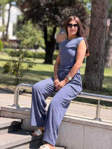 Komplet BLUE MELANGE – Top i Široke Pantalone od Rebrastog Pletiva | Plava