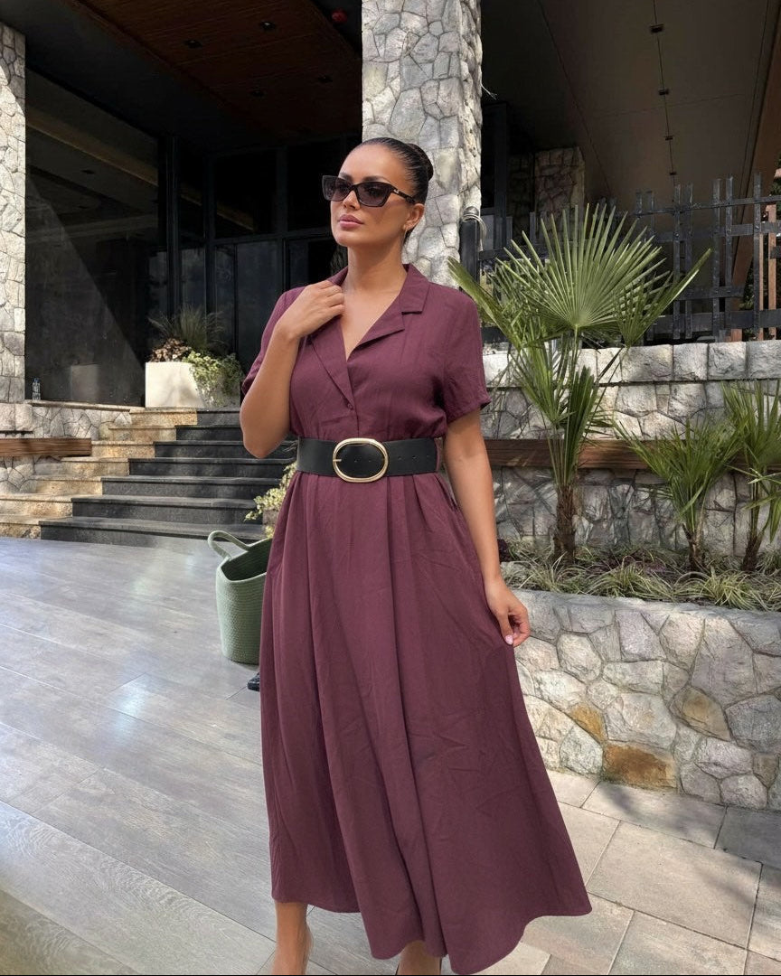 Midi Haljina PLUM – Košulja Haljina s Reverima i Faltama | Bordo