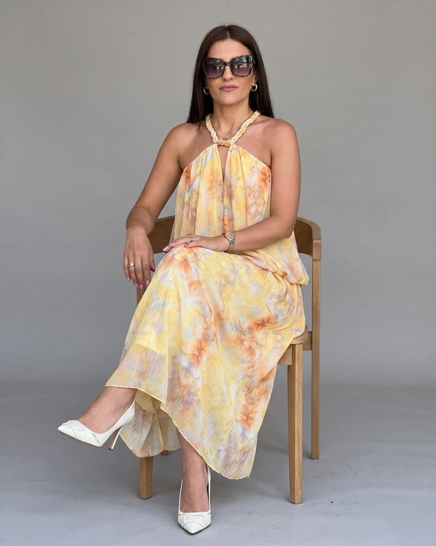 Maxi Haljina LAGUNA – Pastelni Tie-Dye s Upletenim Halterom | Žuta