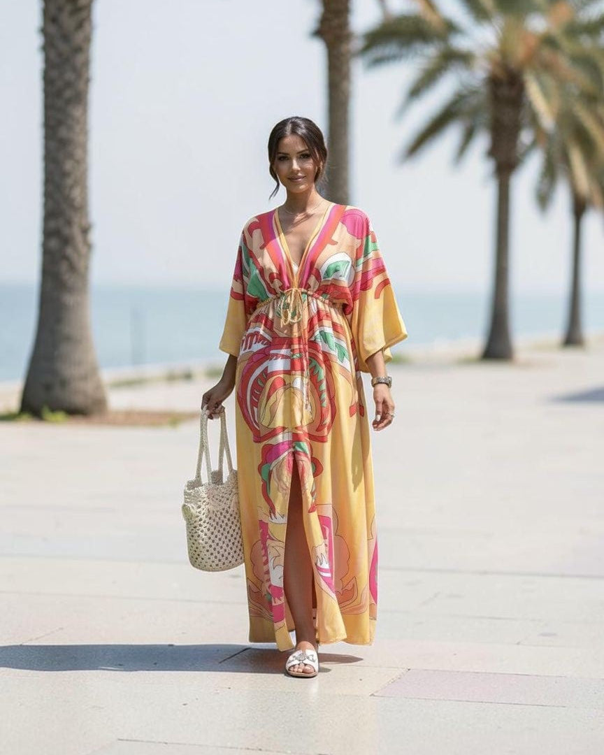 Kaftan Maxi Haljina FIESTA – Šareni Retro Print, Duboki V-izrez
