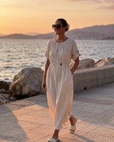 Lanena Midi Haljina NATURAL – Nabrani Izrez i 3/4 Rukavi | Bež