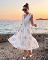 Midi Haljina SIENNA BOHO – V-izrez, Plavo-Bež Print | Krem
