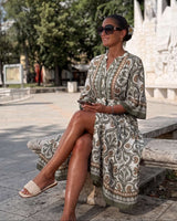 Midi Haljina VERDE ETNO – Maslinasti Ornament Print s Pojasom