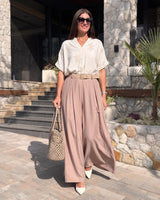 Komplet CAMEO PALAZZO – Bluza s Cvjetnim Vezom i Široke Palazzo Pantalone | Krem-Puder Roza