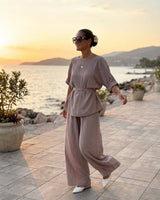 Komplet SAND BREEZE – Bluza s Kaišem i Široke Pantalone | Bež