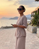 Komplet SAND BREEZE – Bluza s Kaišem i Široke Pantalone | Bež