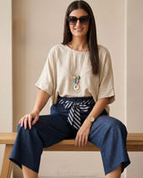 Laneni Komplet MARE – Oversized Top i Culotte Pantalone s Pojasom i Ogrlicom | Bež-Teget