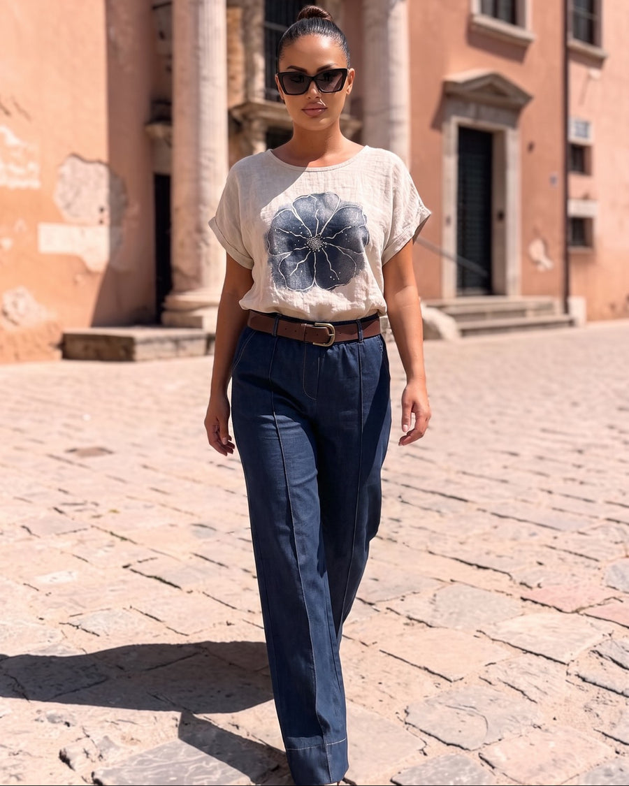 Komplet POPPY DENIM – Lanena Majica s Cvijetom i Široke Denim Pantalone | Bež-Teget