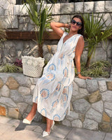 Midi Haljina SIENNA BOHO – V-izrez, Plavo-Bež Print | Krem