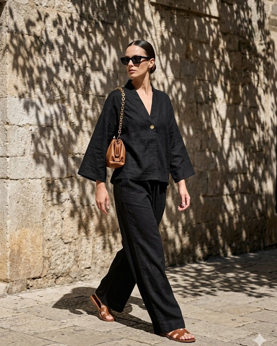 Komplet TERRA ZEN – Kimono Bluza i Široke Pantalone | Crna