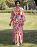 Kaftan Maxi Haljina FIESTA – Šareni Retro Print | Pink-Koraljna
