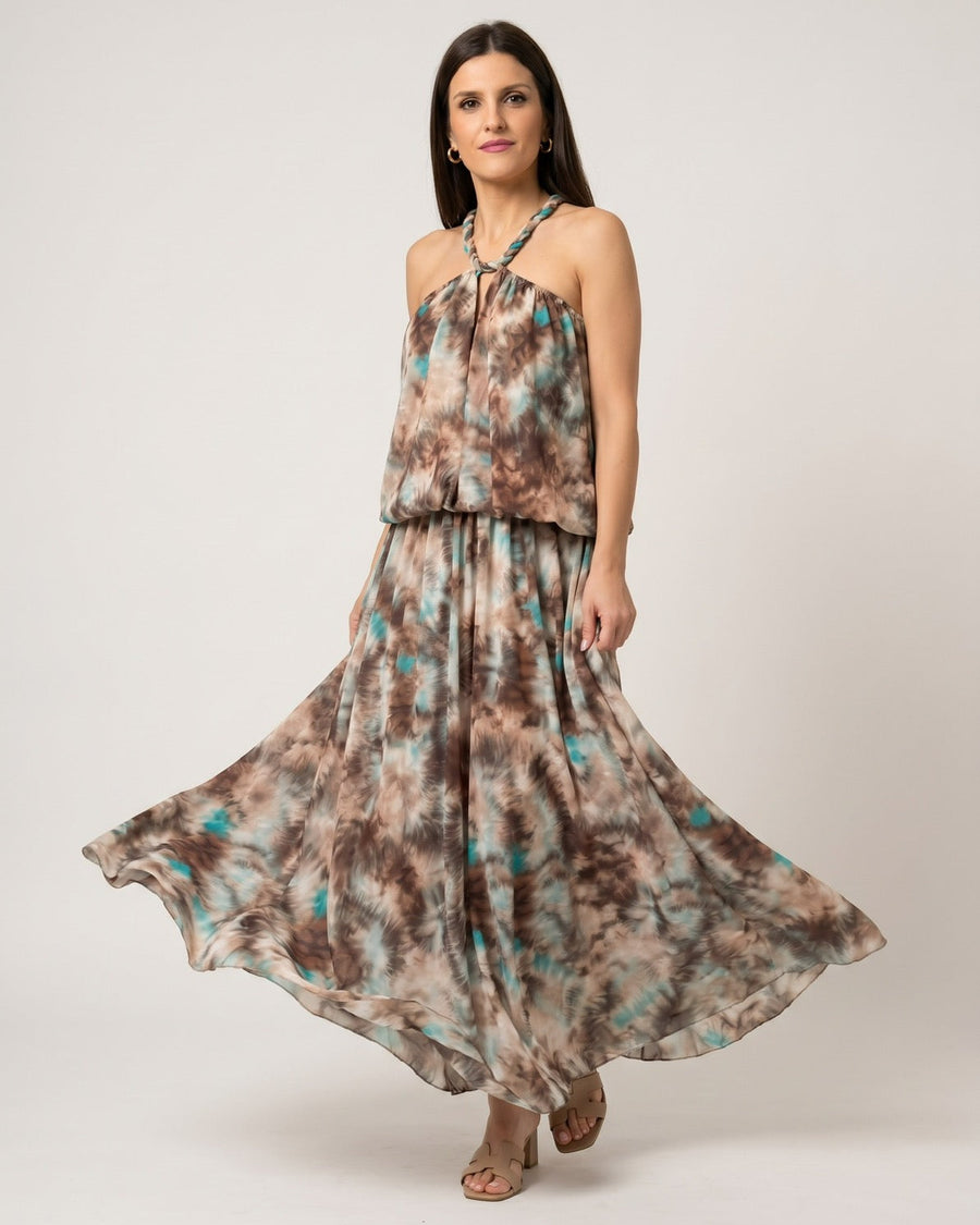 Maxi Haljina LAGUNA – Tie-Dye Print s Upletenim Halterom | Braon-Tirkiz