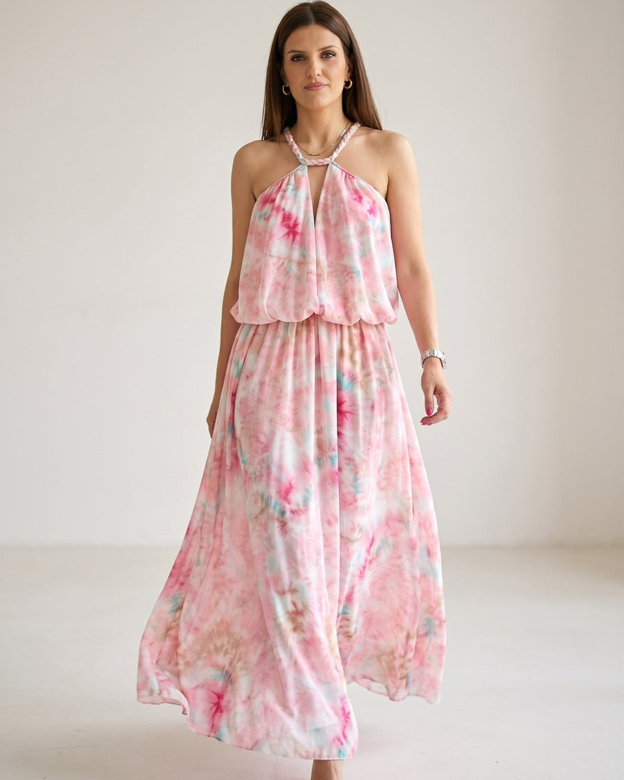 Maxi Haljina LAGUNA – Pastelni Tie-Dye s Upletenim Halterom | Roza