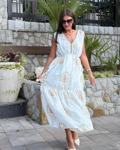 Midi Haljina SIENNA BOHO – V-izrez, Zeleno-Roza Vez | Bijela