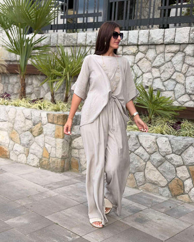 Komplet STONE FLOW – Oversized Top i Široke Pantalone | Sivo-Bež