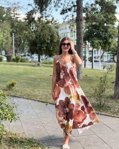 Maxi Haljina FLORA – Krupni Cvjetni Print na Bretele | Bijelo-Braon