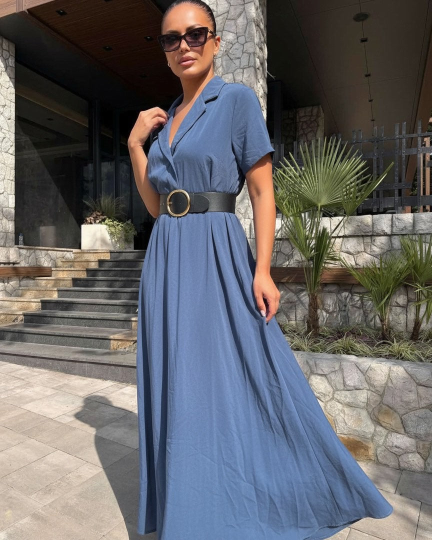 Maxi Haljina INDIGO – Košulja Haljina s Reverima i Faltama | Plava