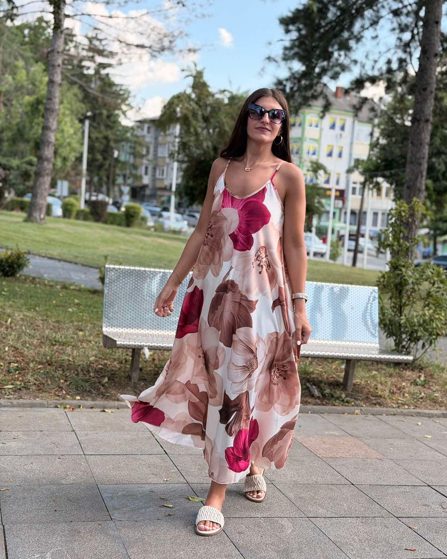Maxi Haljina FLORA – Krupni Cvjetni Print na Bretele | Bijelo-Roza