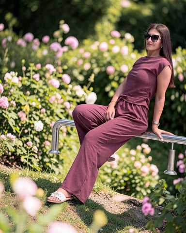 Komplet BORDO MELANGE – Top i Široke Pantalone od Rebrastog Pletiva