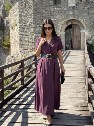 Midi Haljina PLUM – Košulja Haljina s Reverima i Faltama | Bordo
