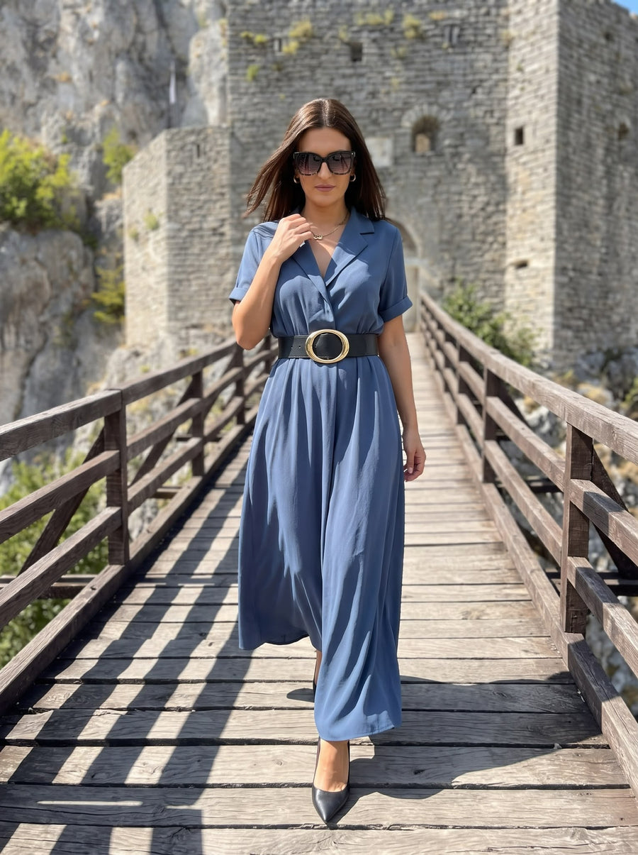 Maxi Haljina INDIGO – Košulja Haljina s Reverima i Faltama | Plava