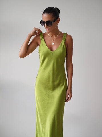 Satenska maxi haljina – Maslinasto zelena