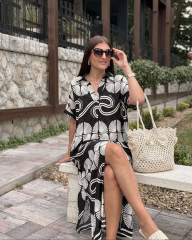 Kaftan Maxi Haljina SHELL NOIR – Crno-Bijeli Print Školjki