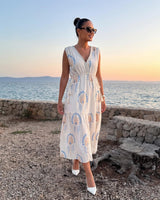 Midi Haljina SIENNA BOHO – V-izrez, Plavo-Bež Print | Krem
