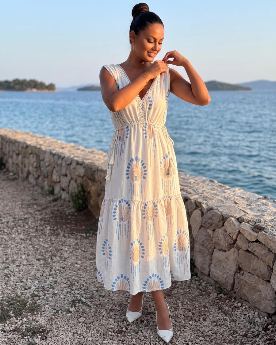 Midi Haljina SIENNA BOHO – V-izrez, Plavo-Bež Print | Krem
