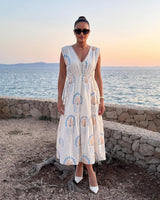 Midi Haljina SIENNA BOHO – V-izrez, Plavo-Bež Print | Krem