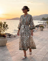 Midi Haljina VERDE ETNO – Maslinasti Ornament Print s Pojasom