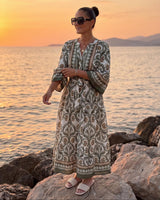 Midi Haljina VERDE ETNO – Maslinasti Ornament Print s Pojasom