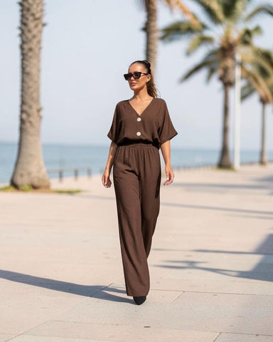 Komplet CHOCOLATE – Top s V-izrezom i Široke Pantalone | Braon