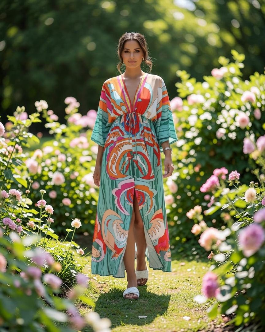 Kaftan Maxi Haljina FIESTA – Šareni Retro Print | Tirkizna
