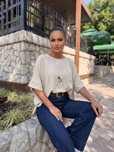 Pleteni Top KNIT – Opušteni Kroj, 3/4 Rukavi | Bež