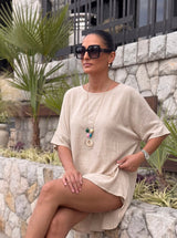 Pleteni Top KNIT – Opušteni Kroj, 3/4 Rukavi | Bež
