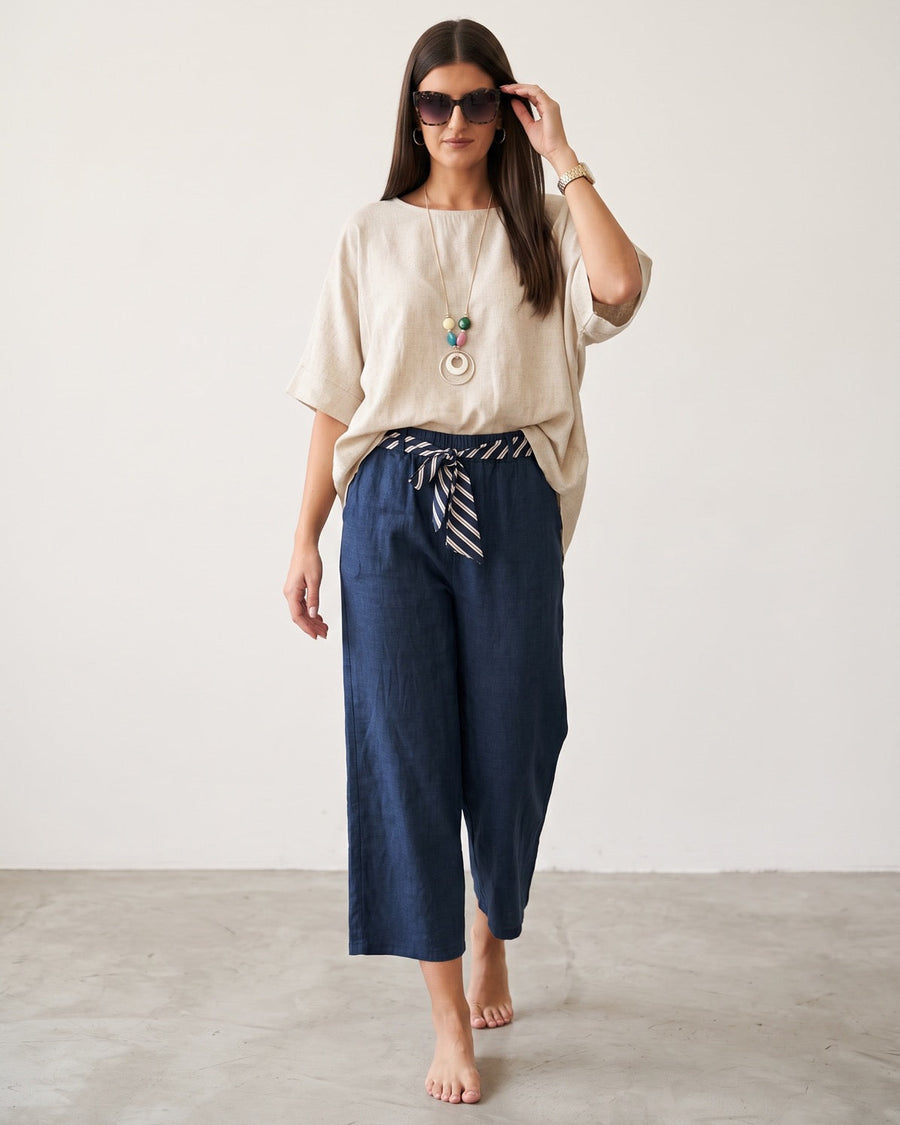 Laneni Komplet MARE – Oversized Top i Culotte Pantalone s Pojasom i Ogrlicom | Bež-Teget