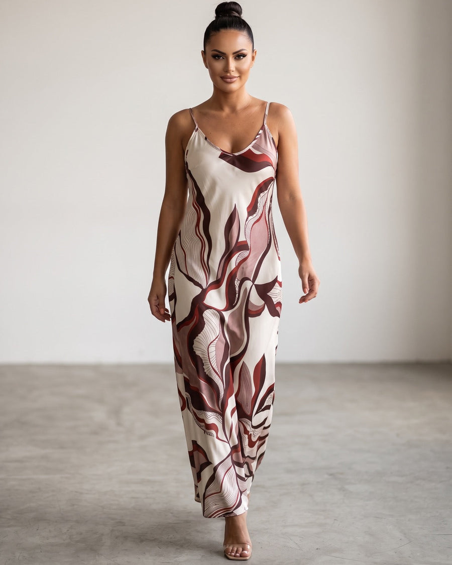 Satenska Maxi Haljina MARSALA – Apstraktni Botanički Print na Bretele | Krem-Bordo